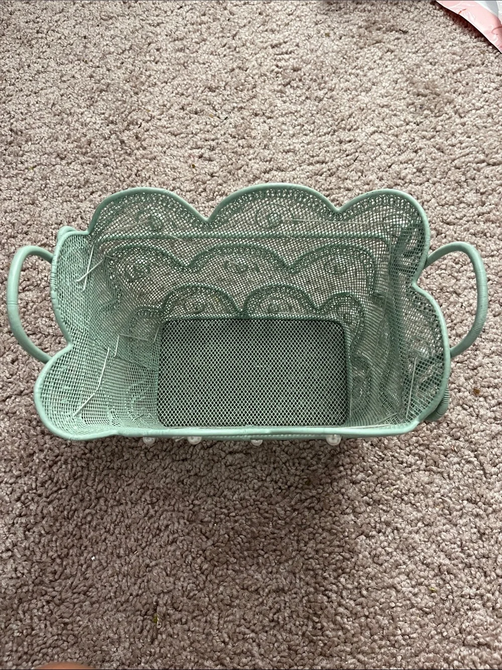 Decorative Mint Green Metal Basket with Pearl Accents